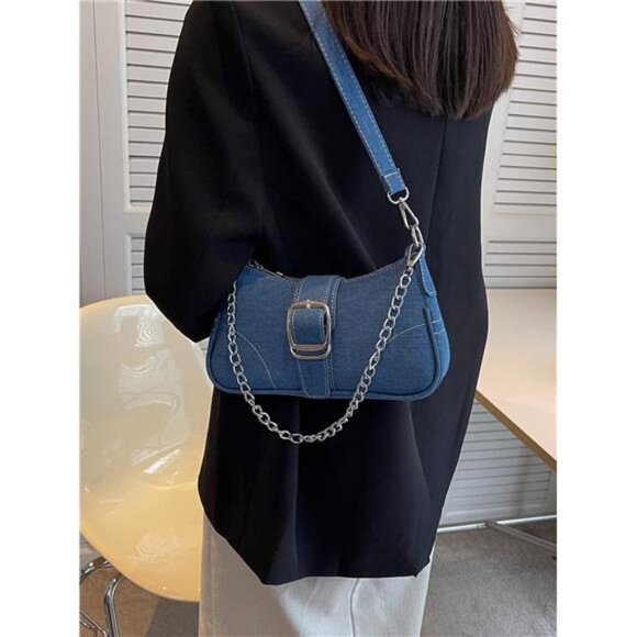 Decorative Buckle Sewing Detail Chain Shoulder Bag, - Picture 4 of 7